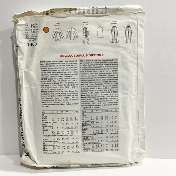 UNCUT Vogue‎ 1400 sewing pattern Badgley Mischka Jacket Blouse Pants Sz 8-10 VTG - Picture 2 of 5
